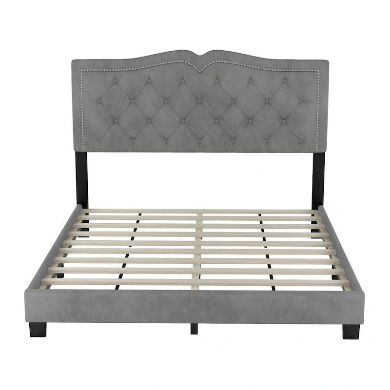 Lit plateforme tapissé en velours, taille Queen, avec tête de lit capitonnée