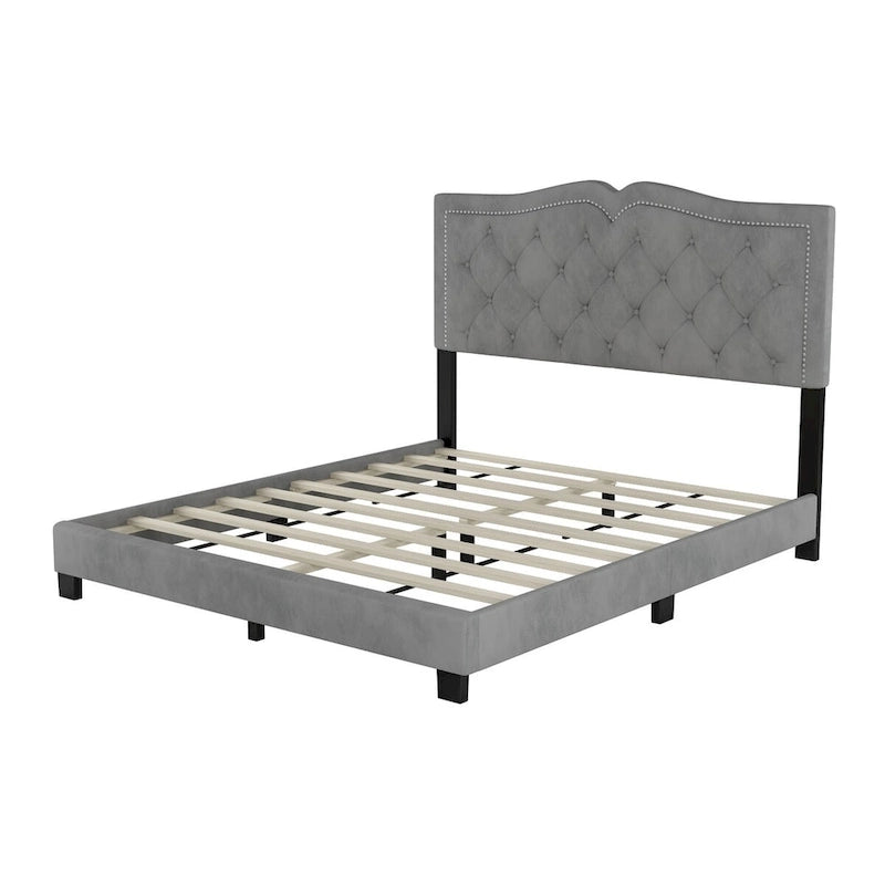 Lit plateforme tapissé en velours, taille Queen, avec tête de lit capitonnée