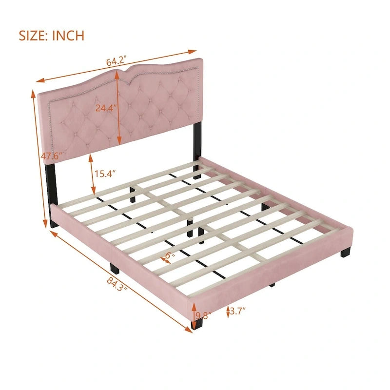 Lit plateforme tapissé en velours, taille Queen, avec tête de lit capitonnée