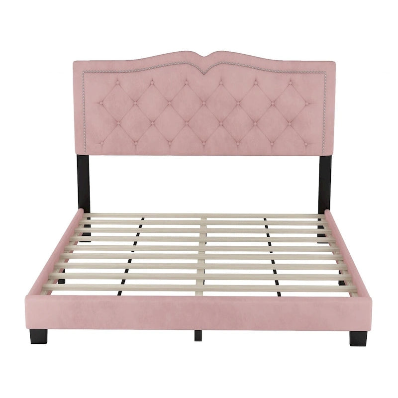 Lit plateforme tapissé en velours, taille Queen, avec tête de lit capitonnée