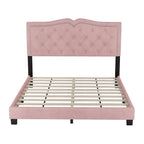 Lit plateforme tapissé en velours, taille Queen, avec tête de lit capitonnée