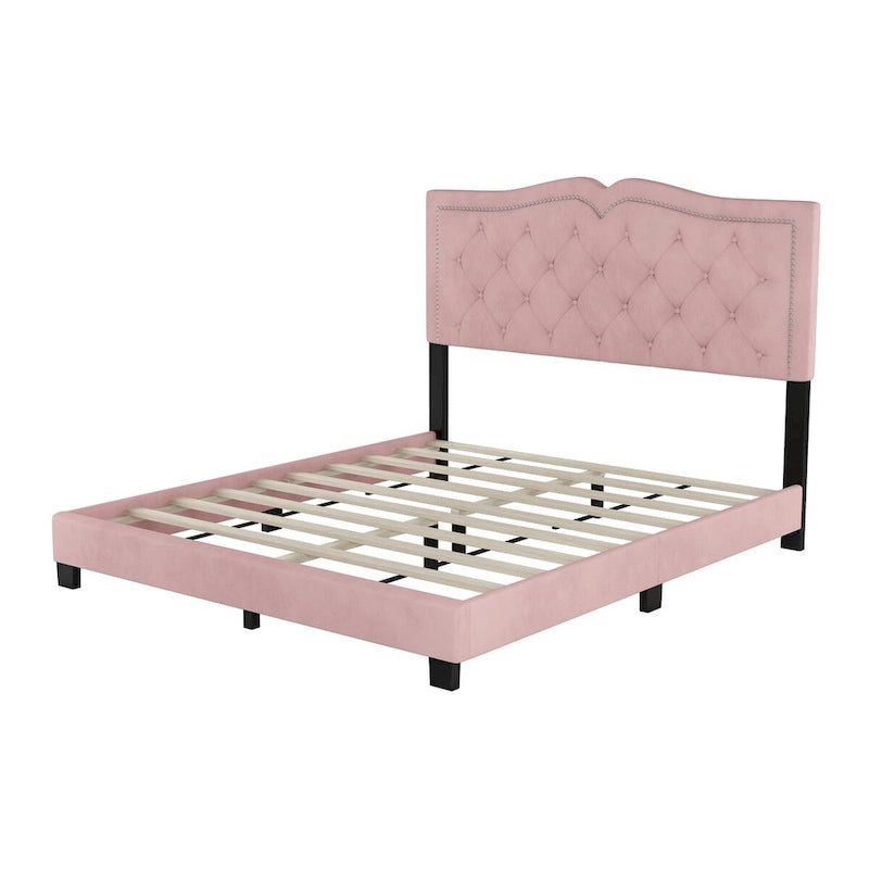 Lit plateforme tapissé en velours, taille Queen, avec tête de lit capitonnée
