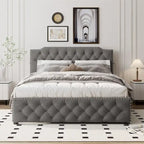 Lit plateforme tapissé gris/beige Queen avec lit gigogne double et ports USB, capacité 2+1 personnes