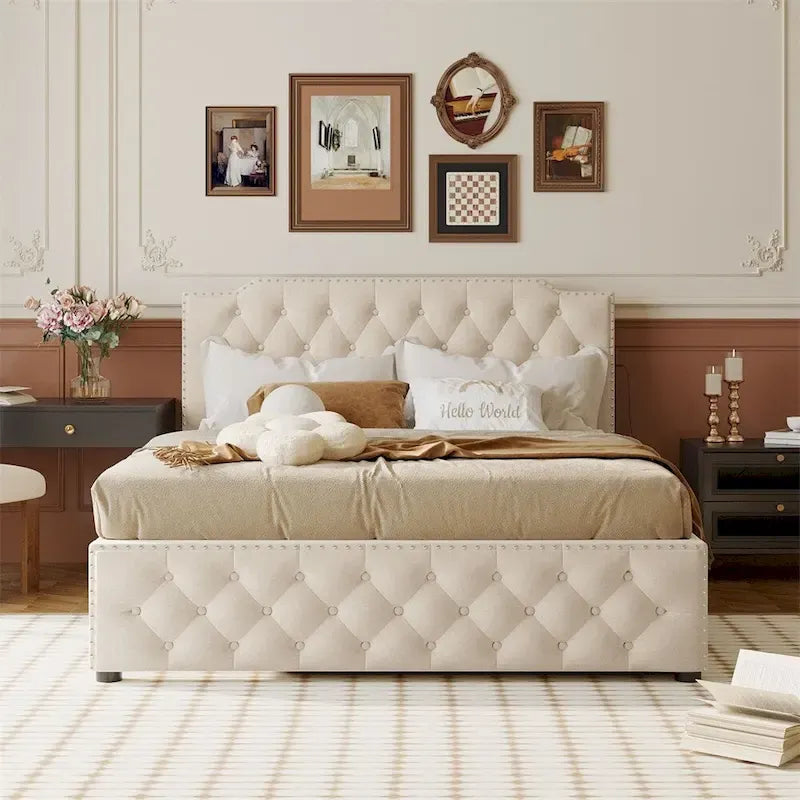 Lit plateforme tapissé gris/beige Queen avec lit gigogne double et ports USB, capacité 2+1 personnes