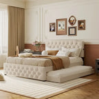 Lit plateforme tapissé gris/beige Queen avec lit gigogne double et ports USB, capacité 2+1 personnes