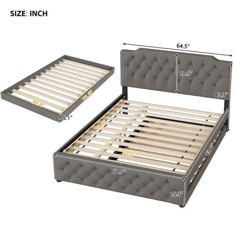 Lit plateforme tapissé gris/beige Queen avec lit gigogne double et ports USB, capacité 2+1 personnes