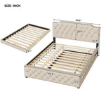 Lit plateforme tapissé gris/beige Queen avec lit gigogne double et ports USB, capacité 2+1 personnes