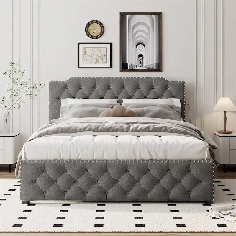 Lit plateforme tapissé gris/beige Queen avec lit gigogne double et ports USB, capacité 2+1 personnes