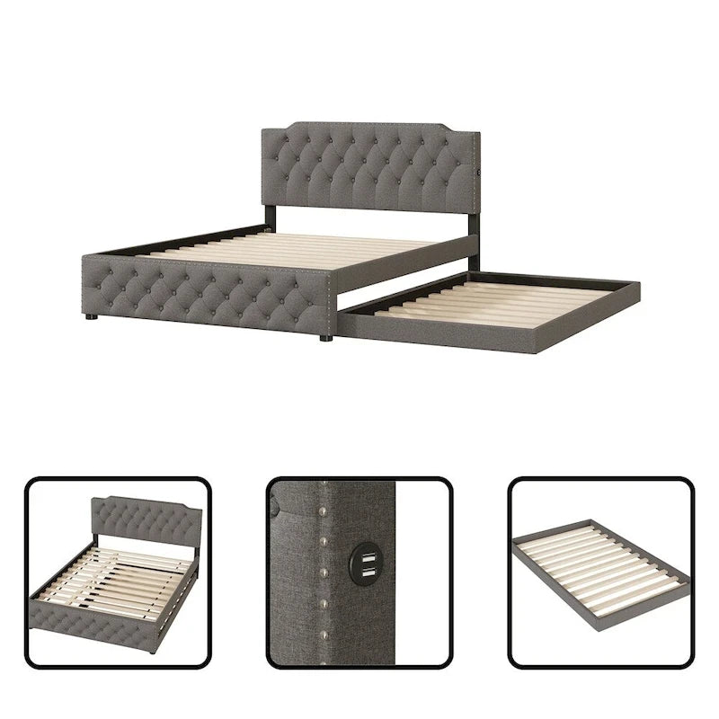 Lit plateforme tapissé gris/beige Queen avec lit gigogne double et ports USB, capacité 2+1 personnes