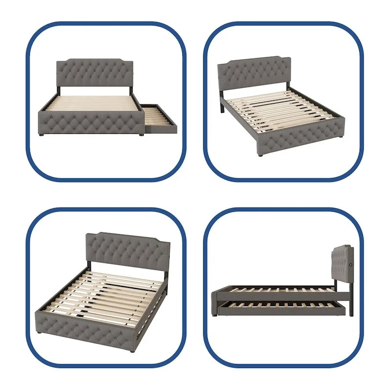 Lit plateforme tapissé gris/beige Queen avec lit gigogne double et ports USB, capacité 2+1 personnes