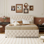 Lit plateforme tapissé gris/beige Queen avec lit gigogne double et ports USB, capacité 2+1 personnes
