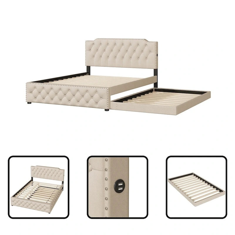 Lit plateforme tapissé gris/beige Queen avec lit gigogne double et ports USB, capacité 2+1 personnes