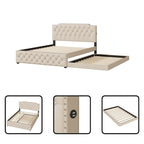 Lit plateforme tapissé gris/beige Queen avec lit gigogne double et ports USB, capacité 2+1 personnes