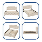 Lit plateforme tapissé gris/beige Queen avec lit gigogne double et ports USB, capacité 2+1 personnes