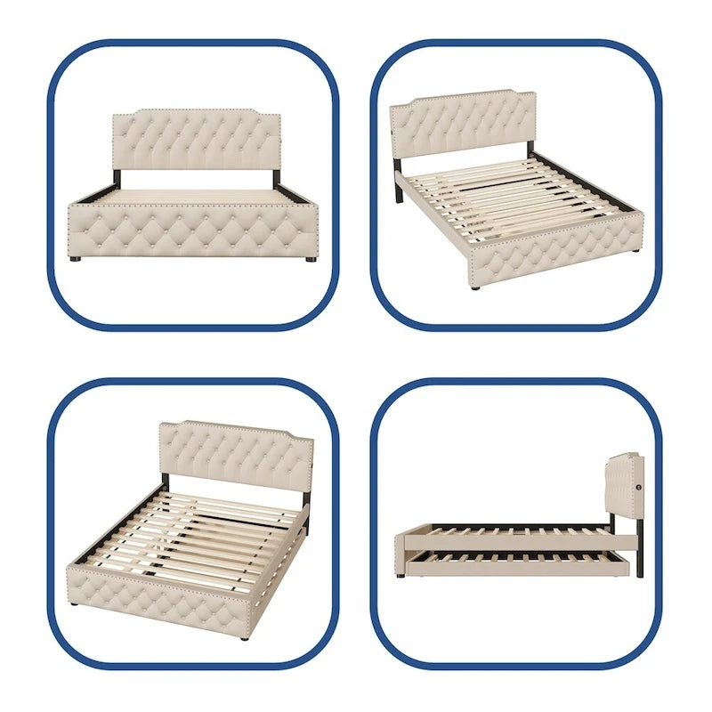 Lit plateforme tapissé gris/beige Queen avec lit gigogne double et ports USB, capacité 2+1 personnes