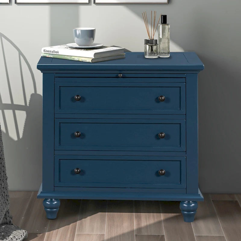 Table de chevet 3 tiroirs — Bleu / Marron / Noir / Blanc, Pin massif et MDF, Assemblage par 1 personne