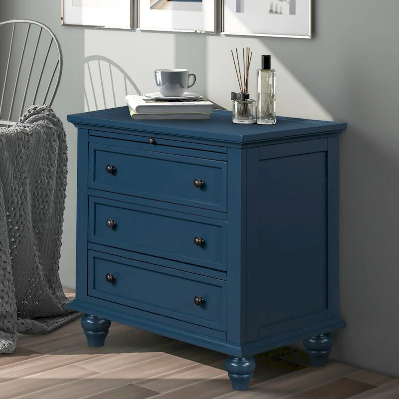 Table de chevet 3 tiroirs — Bleu / Marron / Noir / Blanc, Pin massif et MDF, Assemblage par 1 personne