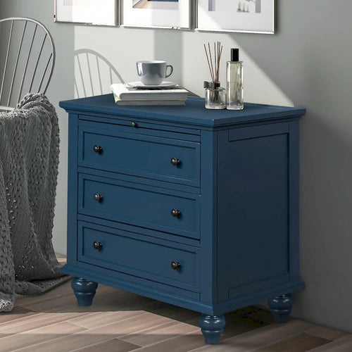 Table de chevet 3 tiroirs — Bleu / Marron / Noir / Blanc, Pin massif et MDF, Assemblage par 1 personne