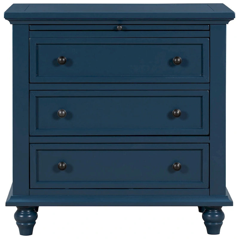 Table de chevet 3 tiroirs — Bleu / Marron / Noir / Blanc, Pin massif et MDF, Assemblage par 1 personne