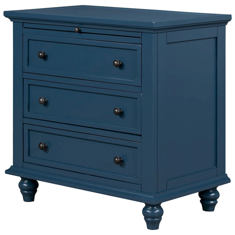 Table de chevet 3 tiroirs — Bleu / Marron / Noir / Blanc, Pin massif et MDF, Assemblage par 1 personne