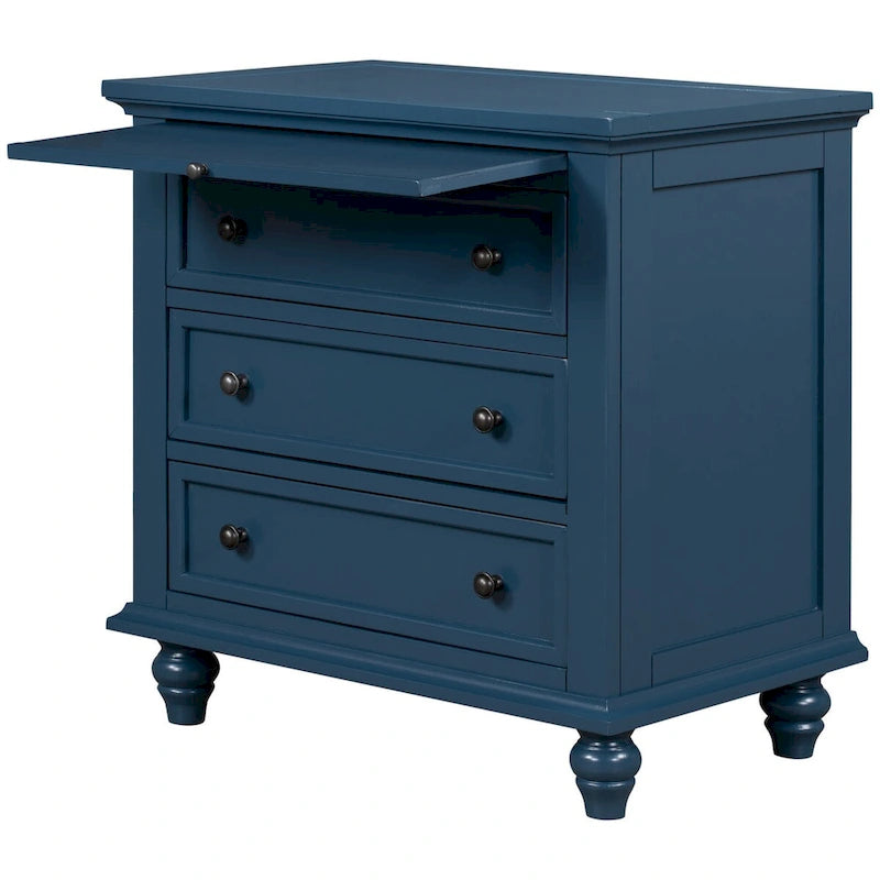Table de chevet 3 tiroirs — Bleu / Marron / Noir / Blanc, Pin massif et MDF, Assemblage par 1 personne