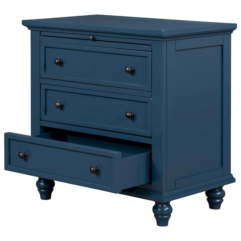 Table de chevet 3 tiroirs — Bleu / Marron / Noir / Blanc, Pin massif et MDF, Assemblage par 1 personne