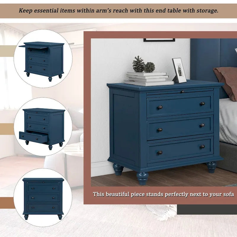 Table de chevet 3 tiroirs — Bleu / Marron / Noir / Blanc, Pin massif et MDF, Assemblage par 1 personne