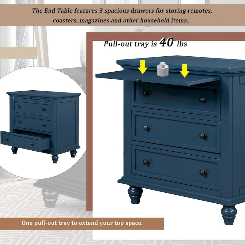 Table de chevet 3 tiroirs — Bleu / Marron / Noir / Blanc, Pin massif et MDF, Assemblage par 1 personne