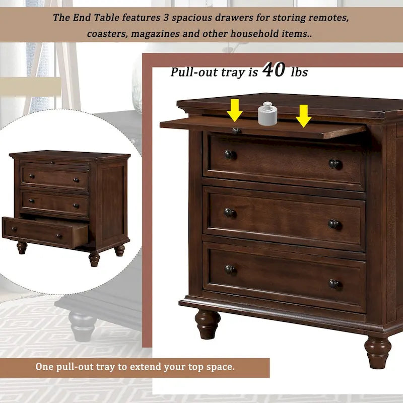 Table de chevet 3 tiroirs — Bleu / Marron / Noir / Blanc, Pin massif et MDF, Assemblage par 1 personne