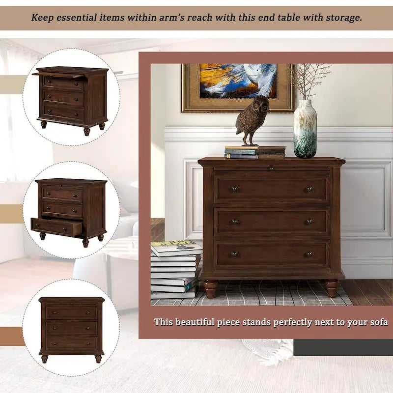 Table de chevet 3 tiroirs — Bleu / Marron / Noir / Blanc, Pin massif et MDF, Assemblage par 1 personne