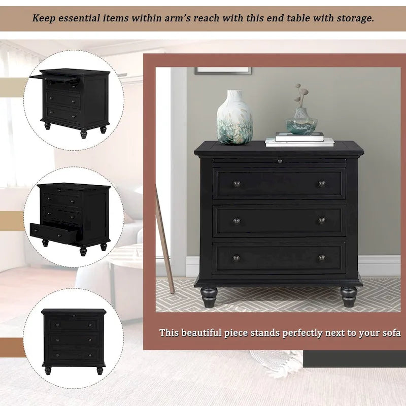 Table de chevet 3 tiroirs — Bleu / Marron / Noir / Blanc, Pin massif et MDF, Assemblage par 1 personne