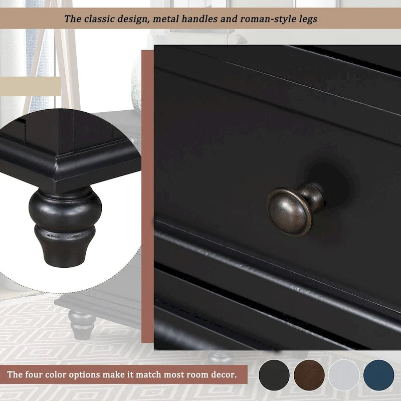 Table de chevet 3 tiroirs — Bleu / Marron / Noir / Blanc, Pin massif et MDF, Assemblage par 1 personne