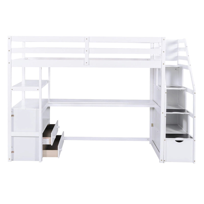 Lit mezzanine simple avec bureau, étagères et tiroirs – Gris/Blanc