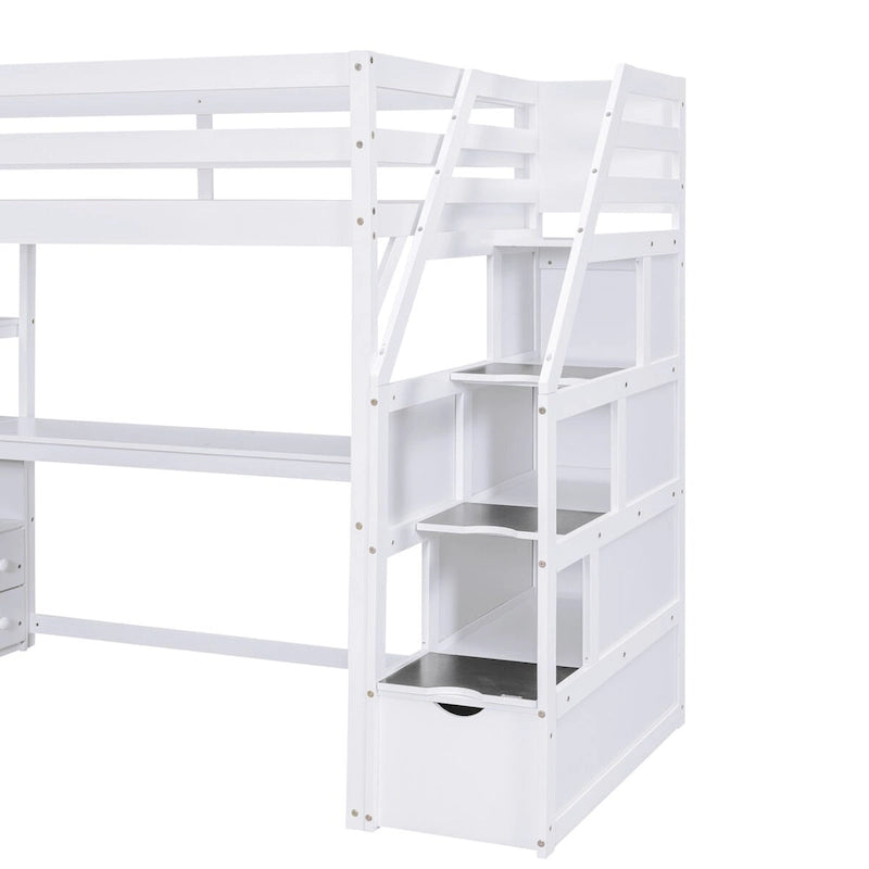 Lit mezzanine simple avec bureau, étagères et tiroirs – Gris/Blanc