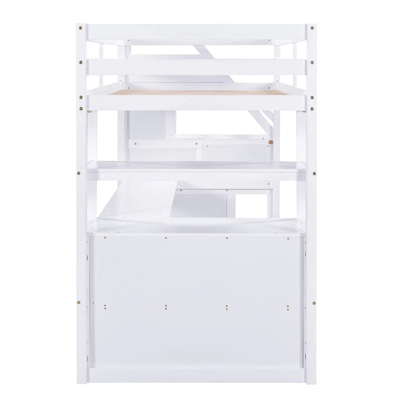 Lit mezzanine simple avec bureau, étagères et tiroirs – Gris/Blanc
