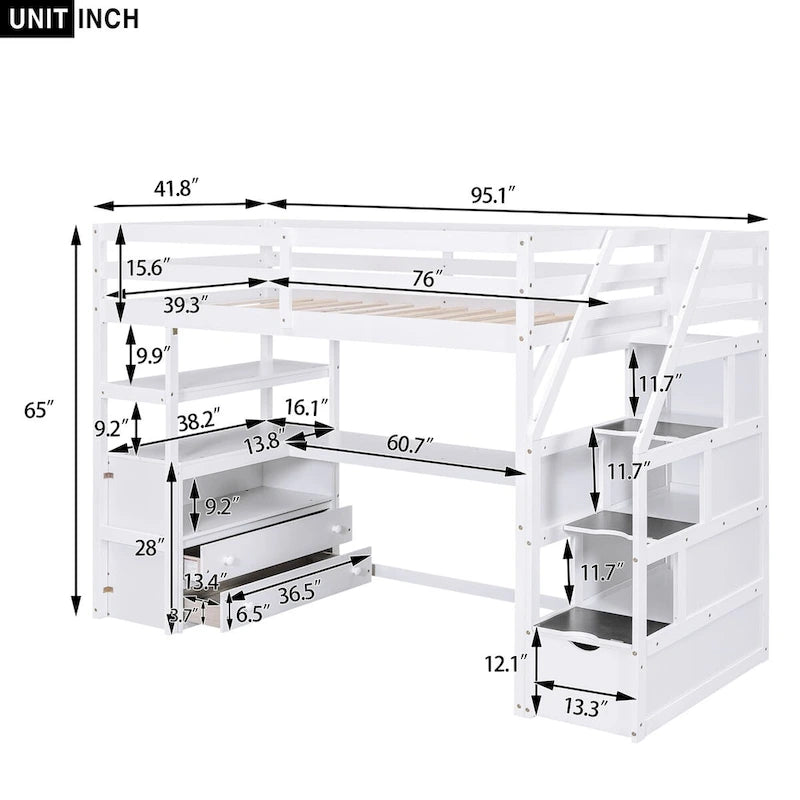 Lit mezzanine simple avec bureau, étagères et tiroirs – Gris/Blanc