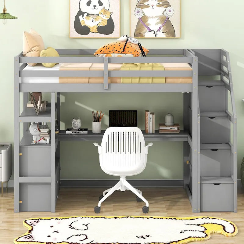 Lit mezzanine simple avec bureau, étagères et tiroirs – Gris/Blanc