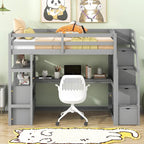 Lit mezzanine simple avec bureau, étagères et tiroirs – Gris/Blanc