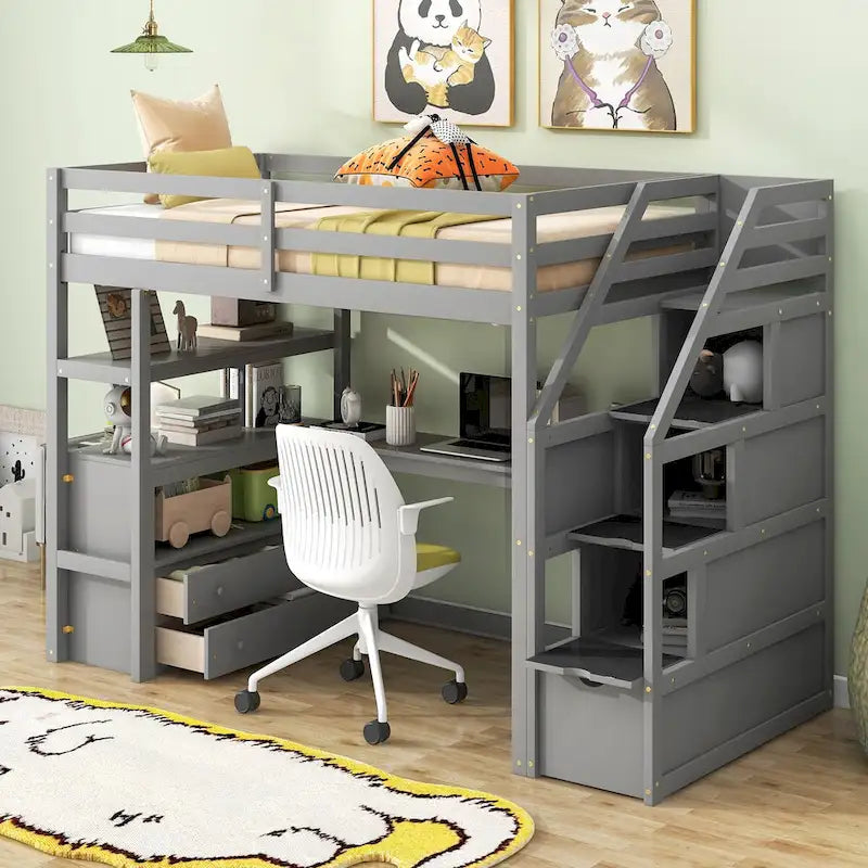 Lit mezzanine simple avec bureau, étagères et tiroirs – Gris/Blanc