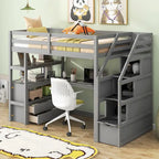Lit mezzanine simple avec bureau, étagères et tiroirs – Gris/Blanc