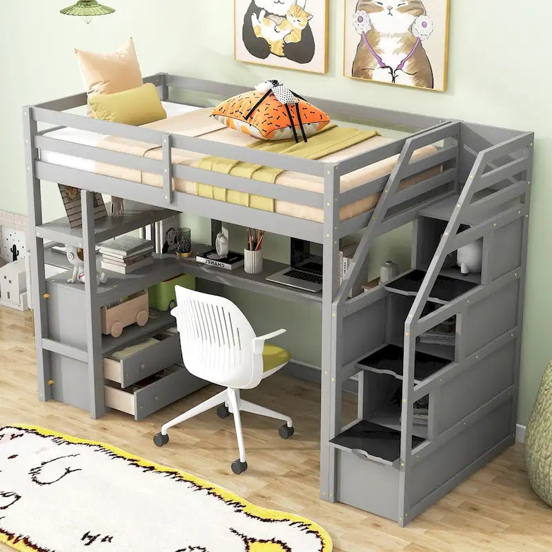 Lit mezzanine simple avec bureau, étagères et tiroirs – Gris/Blanc