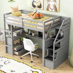 Lit mezzanine simple avec bureau, étagères et tiroirs – Gris/Blanc