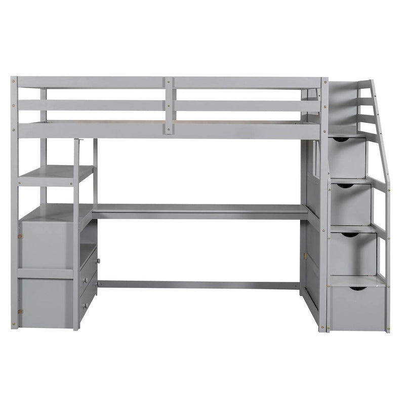Lit mezzanine simple avec bureau, étagères et tiroirs – Gris/Blanc