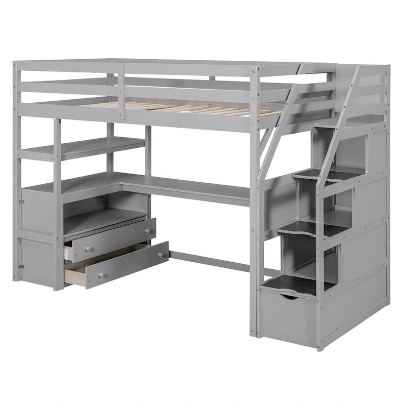 Lit mezzanine simple avec bureau, étagères et tiroirs – Gris/Blanc