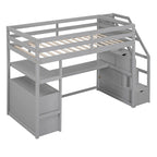 Lit mezzanine simple avec bureau, étagères et tiroirs – Gris/Blanc