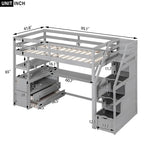 Lit mezzanine simple avec bureau, étagères et tiroirs – Gris/Blanc
