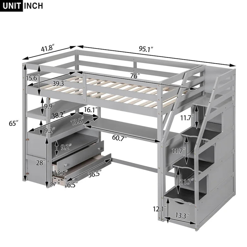 Lit mezzanine simple avec bureau, étagères et tiroirs – Gris/Blanc