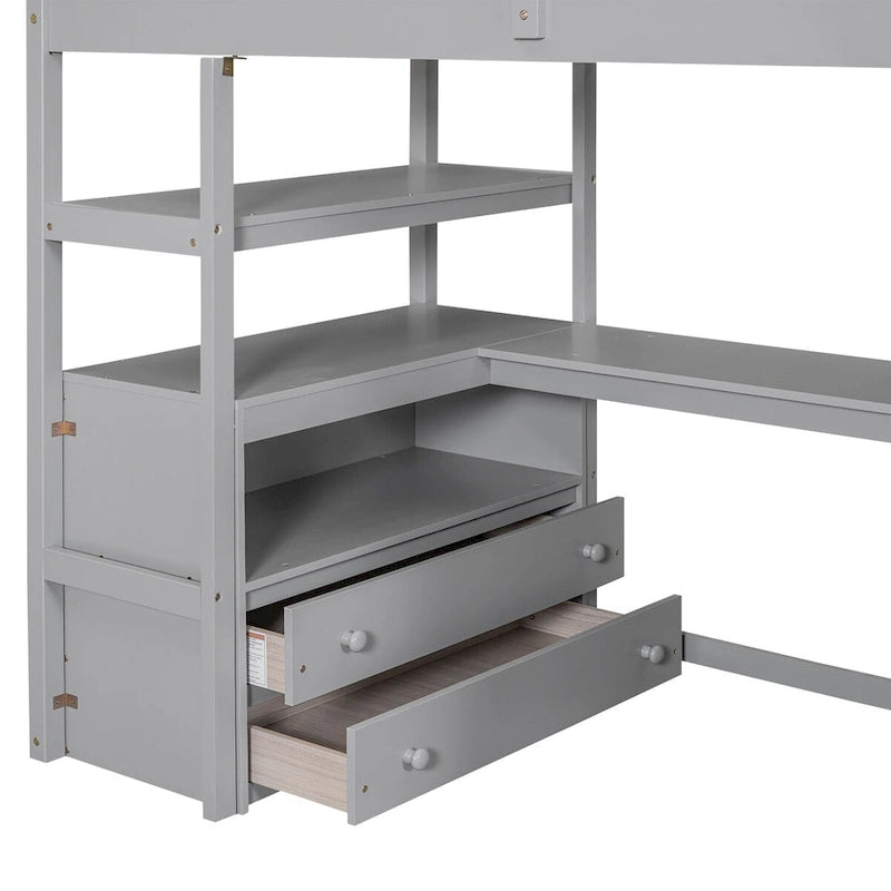 Lit mezzanine simple avec bureau, étagères et tiroirs – Gris/Blanc