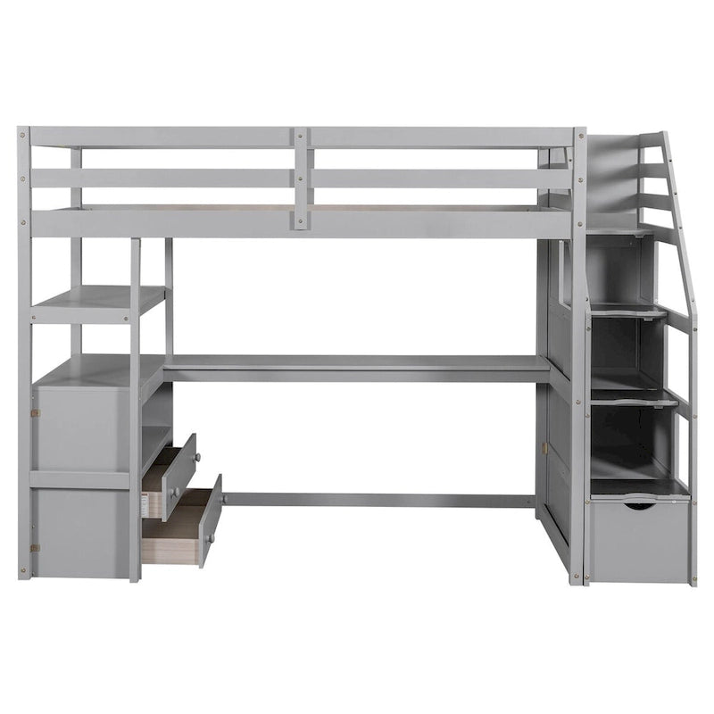Lit mezzanine simple avec bureau, étagères et tiroirs – Gris/Blanc