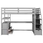 Lit mezzanine simple avec bureau, étagères et tiroirs – Gris/Blanc